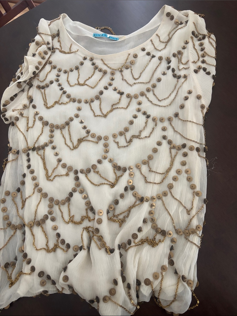 Alice + Olivia Cream Sheer Silk Top with Gold Chain & Button Details